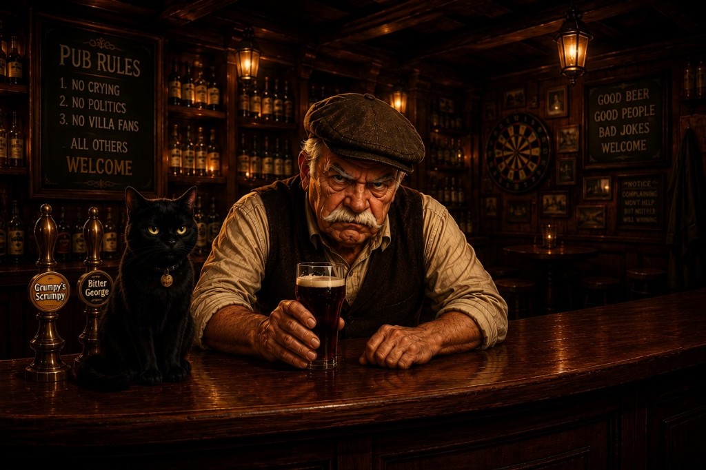 George behind the bar with a pint, the cat, and pub signs in The Grumpy Old Git